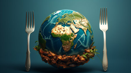 A globe on a dish with fork and a knife illustration Environment, Population, Global warming, Malnutrition, Zero waste, Sustainable,Generate AIの素材