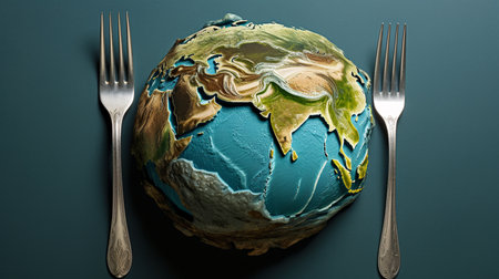 A globe on a dish with fork and a knife illustration Environment, Population, Global warming, Malnutrition, Zero waste, Sustainable,Generate AIの素材