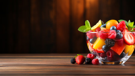 A delicious glass bowl of Fruit Cocktail mix isolated on a wooden background with copy space, Generate AIの素材