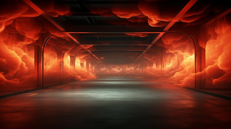Futuristic corridor with fire and smoke. 3D rendering.の素材