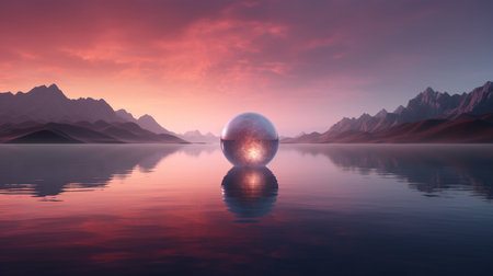 3D rendering of a crystal ball in the water with mountains in the backgroundの素材