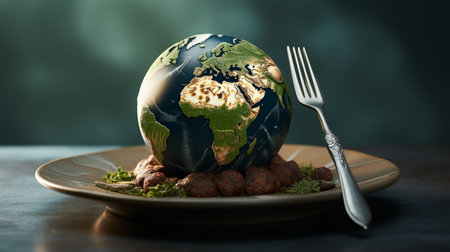 A globe on a dish with fork and a knife illustration Environment, Population, Global warming, Malnutrition, Zero waste, Sustainable,Generate AIの素材