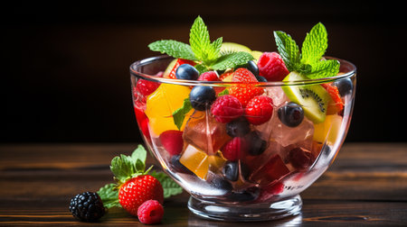 A delicious glass bowl of Fruit Cocktail mix isolated on a wooden background with copy space, Generate AIの素材
