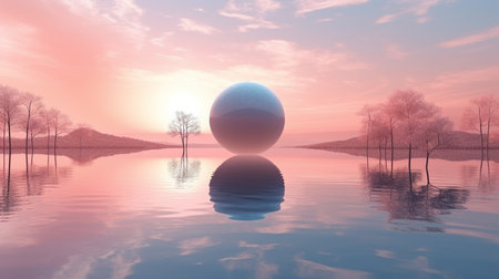 3d render of a landscape with a sphere and trees reflected in the waterの素材