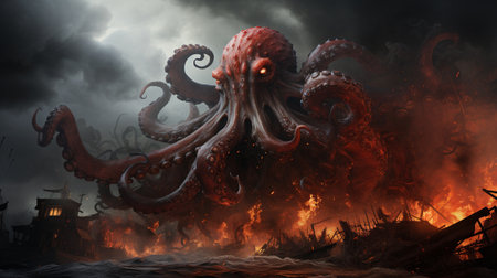 A giant red octopus, with splashes of black and white smoke , generate AIの素材