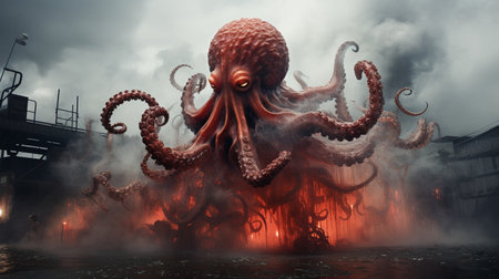 A giant red octopus, with splashes of black and white smoke , generate AIの素材