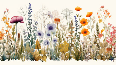 Watercolor floral background with poppies and wildflowers.の素材