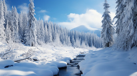 Winter mountain landscape with snow covered trees and stream. Panorama.の素材