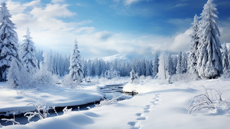 Beautiful winter landscape with snow covered trees and river. Panoramaの素材