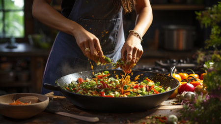 Young woman cooking vegetable salad in kitchen, closeup. Healthy foodの素材