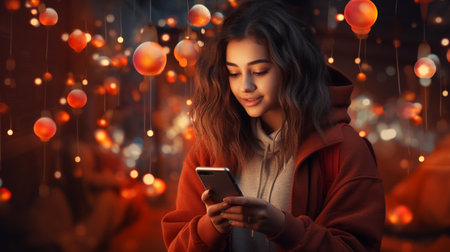 Portrait of a beautiful young woman in a red coat using a mobile phone.の素材