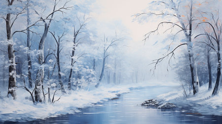 Winter landscape with river and trees in fog. Digital art painting.の素材