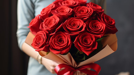 Woman holding beautiful bouquet of red roses on dark background, closeupの素材