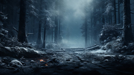 Mysterious dark forest with wooden bridge and fire in the middleの素材