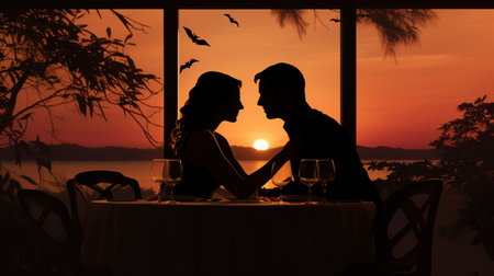 Silhouette of romantic couple in restaurant at sunset. Romantic dinner conceptの素材