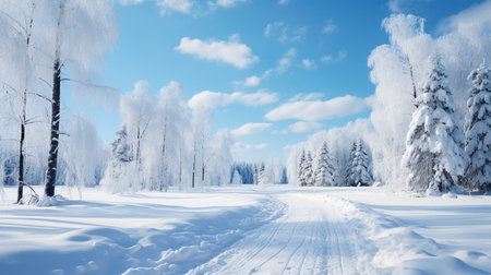 Winter landscape with road and trees covered with hoarfrost and snowの素材