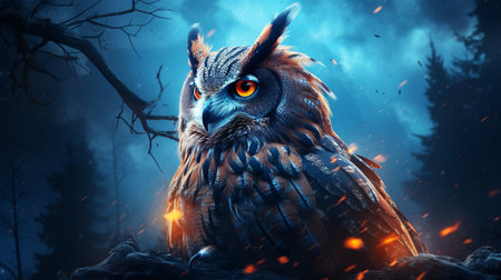 Owl in the dark forest. 3d illustration. Halloween.の素材