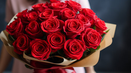 Bouquet of red roses in the hands of a floristの素材