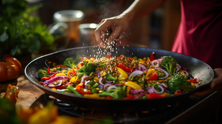 Close up of female hands sprinkling rice in wok with vegetablesの素材