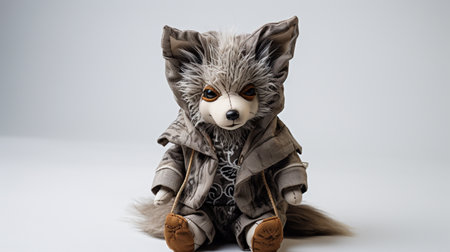 Funny fox dressed in a coat and boots sitting on a white backgroundの素材