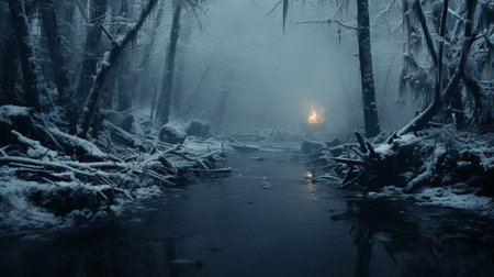Foggy winter landscape with a fire in the forest. Toned.の素材