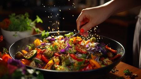 Close-up of female hands sprinkling fresh vegetable salad in wokの素材