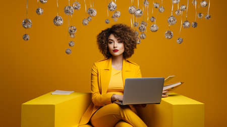 beautiful african american woman in yellow suit sitting on cube with laptop and booksの素材