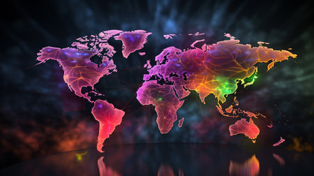 World map with glowing lines on dark background. 3D rendering.の素材