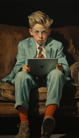 Portrait of a boy in a blue suit with a laptop.の素材