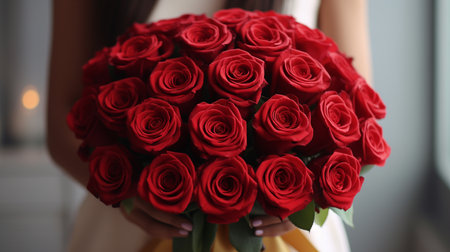 Beautiful bouquet of red roses in the hands of the brideの素材