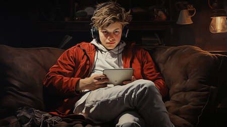 Young man in headphones listening to music and using tablet computer at home.の素材
