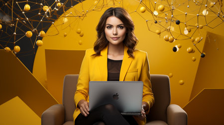 beautiful young woman in yellow suit sitting in armchair and using laptopの素材