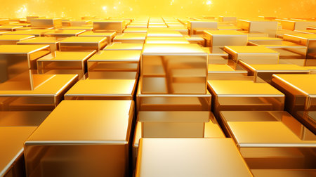 Abstract background made of golden cubes. 3D render illustration with depth of fieldの素材