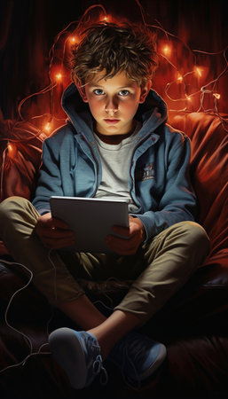 Portrait of a boy with a tablet computer in a dark room.の素材