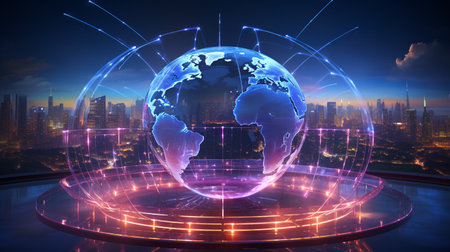 Globe and planet earth hologram over cityscape background. 3d renderingの素材
