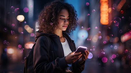 Young woman using mobile phone in the city at night with bokeh lightsの素材