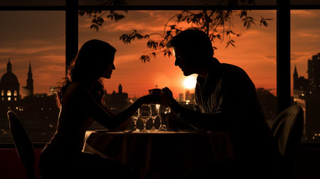 Silhouette of a young couple in love sitting at a table in a restaurant at sunsetの素材