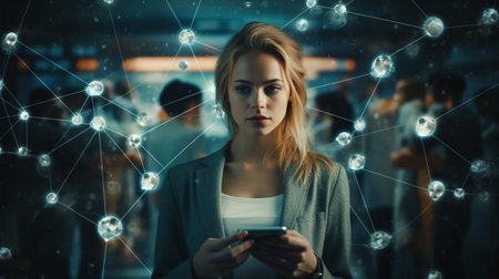 Businesswoman using mobile phone with network hologram on blurry background. 3D renderingの素材
