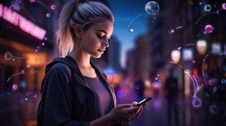 Young woman using her mobile phone in the city at night. Technology conceptの素材