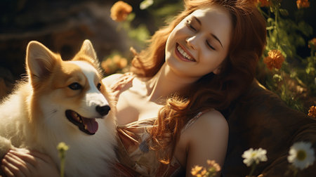 Portrait of a beautiful red-haired girl with a dog corgiの素材