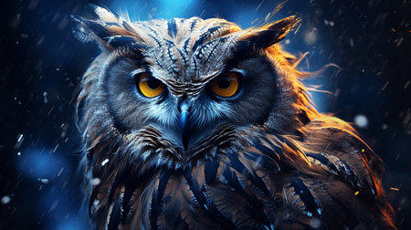 Owl in the snow. Fantasy illustration. 3D rendering.の素材