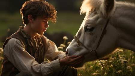 Young boy with a white horse in the meadow at sunset.の素材