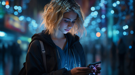 Portrait of beautiful young woman using mobile phone in the city at nightの素材