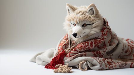 Siberian husky in a red scarf on a white backgroundの素材