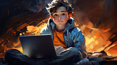 Boy with a laptop in his hands. Mixed media. 3D illustration.の素材