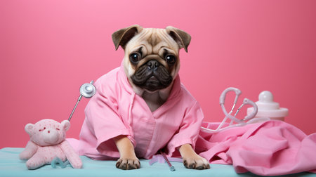 Cute pug puppy in medical gown with stethoscope on pink backgroundの素材