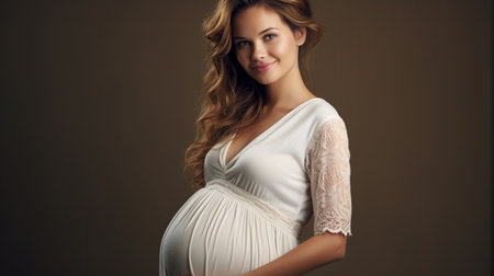 Portrait of a beautiful pregnant woman in white dress on dark backgroundの素材