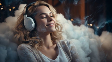 beautiful young woman in headphones listening to music with closed eyes and closed eyesの素材