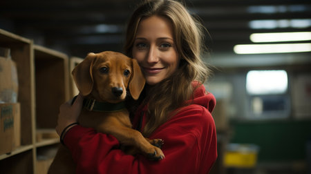Portrait of beautiful young woman with dachshund dog in warehouseの素材