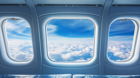Airplane window with blue sky and clouds. 3D rendering.の素材